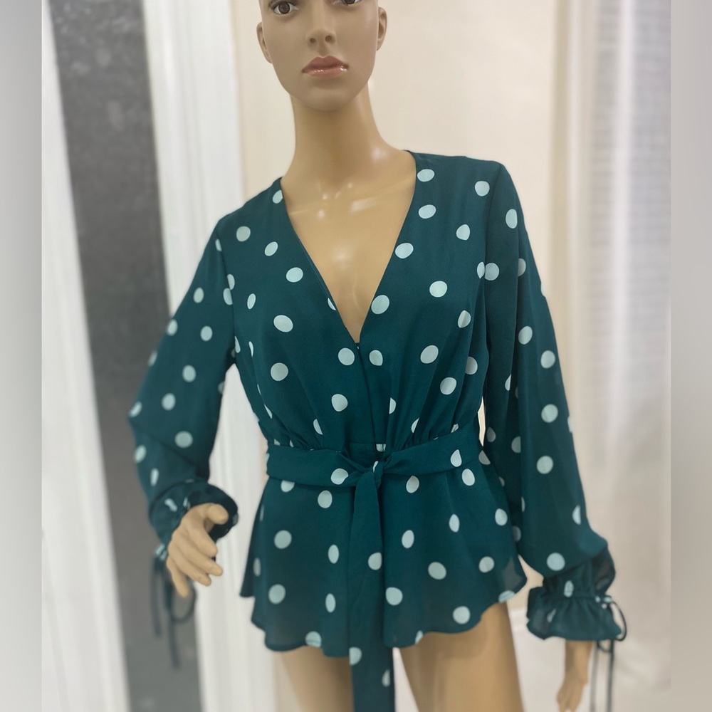 - LOVE & PIECE Polka dots  V neck ruffle blouse tie waist wrap peplum top
